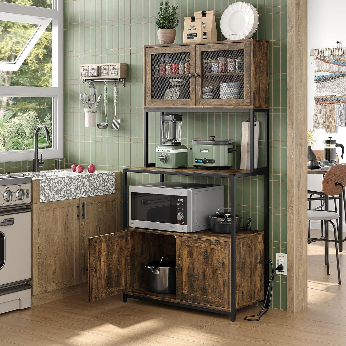 Furniouse 6-Tier Kitchen Bakers Rack with Power Outlet, Industrial Microwave Oven Stand with Shelves, Dust Prove Door, Standing Storage Rack (Rustic Brown)