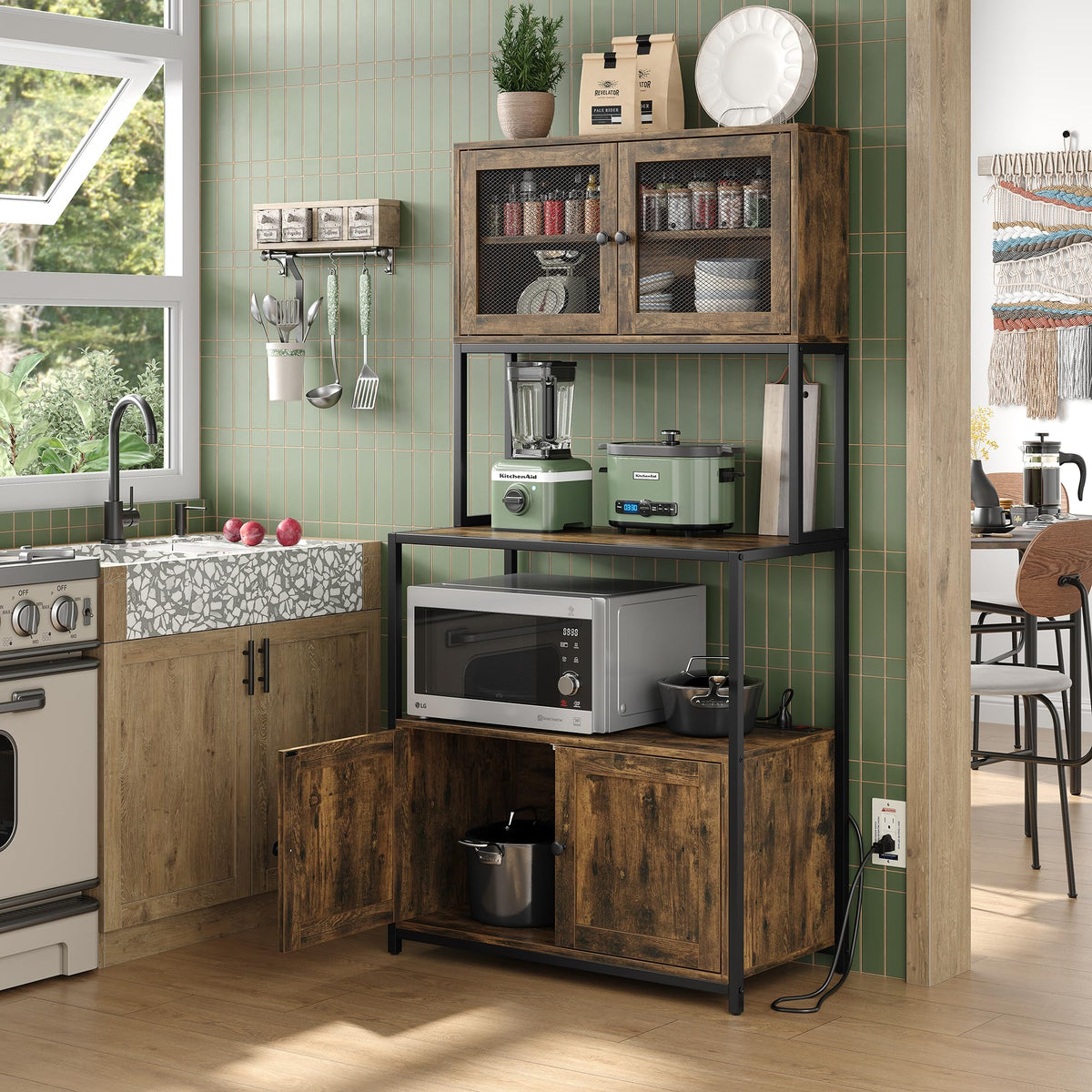 Furniouse 6-Tier Kitchen Bakers Rack with Power Outlet, Industrial Microwave Oven Stand with Shelves, Dust Prove Door, Standing Storage Rack (Rustic Brown)