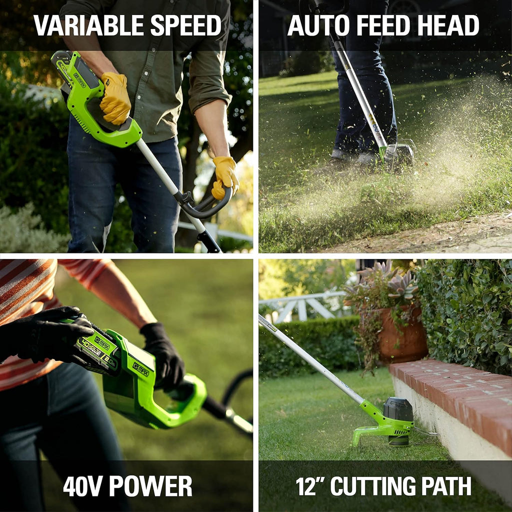 Greenworks 40V 12 in Cordless String Trimmer, 2.0 Ah Battery and Charger
