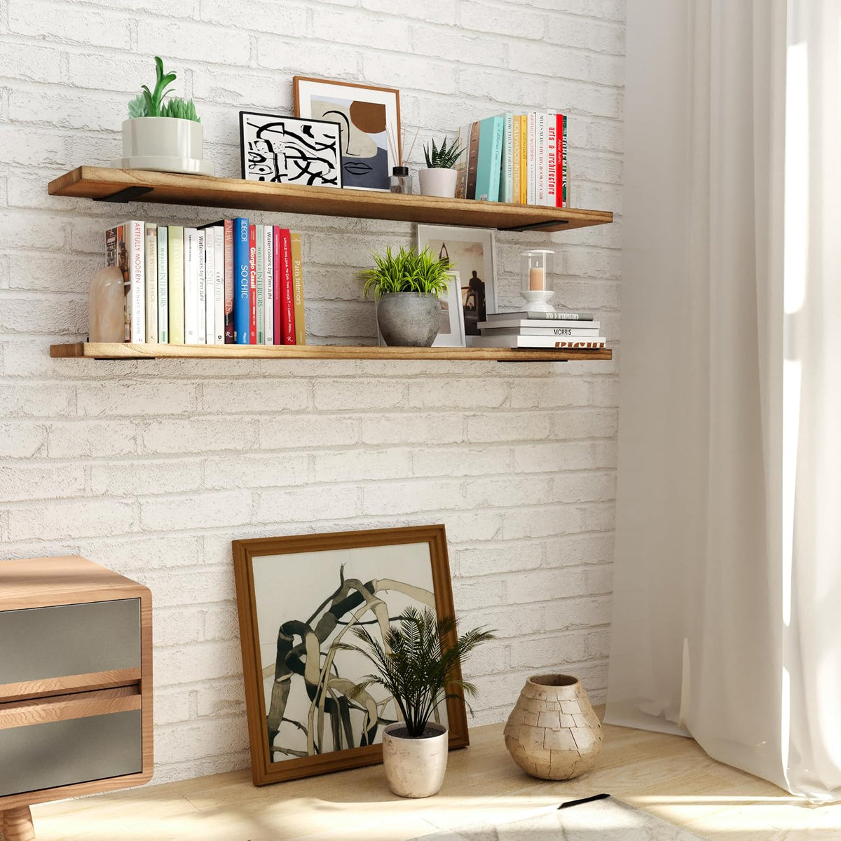 Wallniture Palm 48 inch Floating Shelf, Heavy Duty Brackets Included, Rustic Wooden Shelves for Wall, 1pc, Burnt Finish