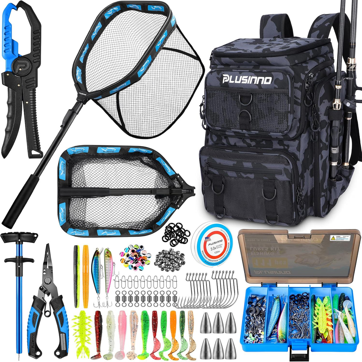 PLUSINNO Fishing Backpack with Fishing Net,42L Waterproof tackle Backpack with Tackle Boxes,Fishing Gear,Lures,Tools,Pliers & Accessories, Fishing Gifts for Men