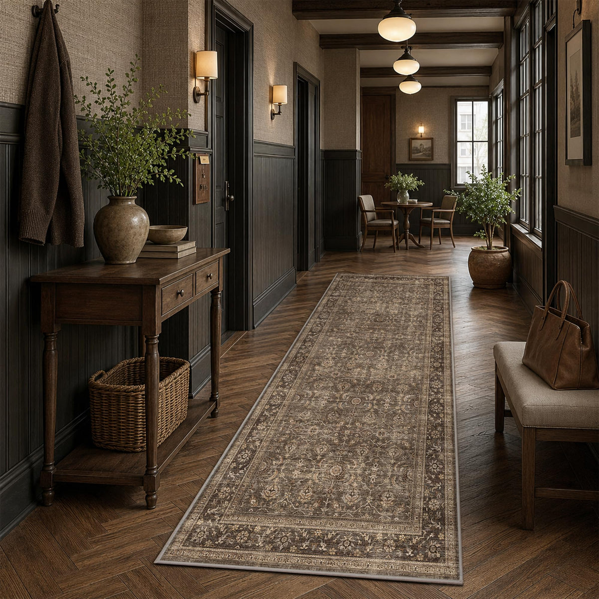 JOOJA 8x10 Dark Brown Vintage Soft Low Pile Non Slip Boho Washable Area Rug