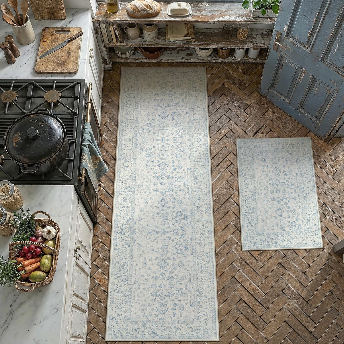 PureCozy Blue 6x6 Round Area Rug Vintage Washable Carpet Non Slip