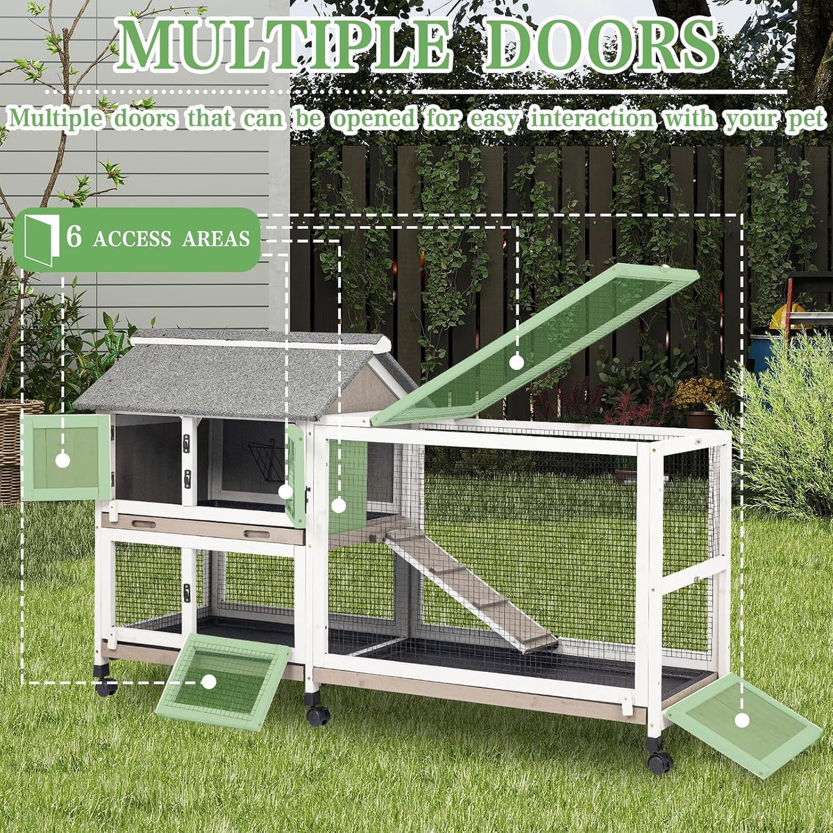 2-Story Rabbit Hutch Indoor & Outdoor, Large Bunny Hutch with 3 Pull-Out Trays, 6 Lockable Wheels, Wooden Rabbit Cage with Asphalt Roof & 6 Accesses for 2-4 Rabbits, Backyard, Home, Patio