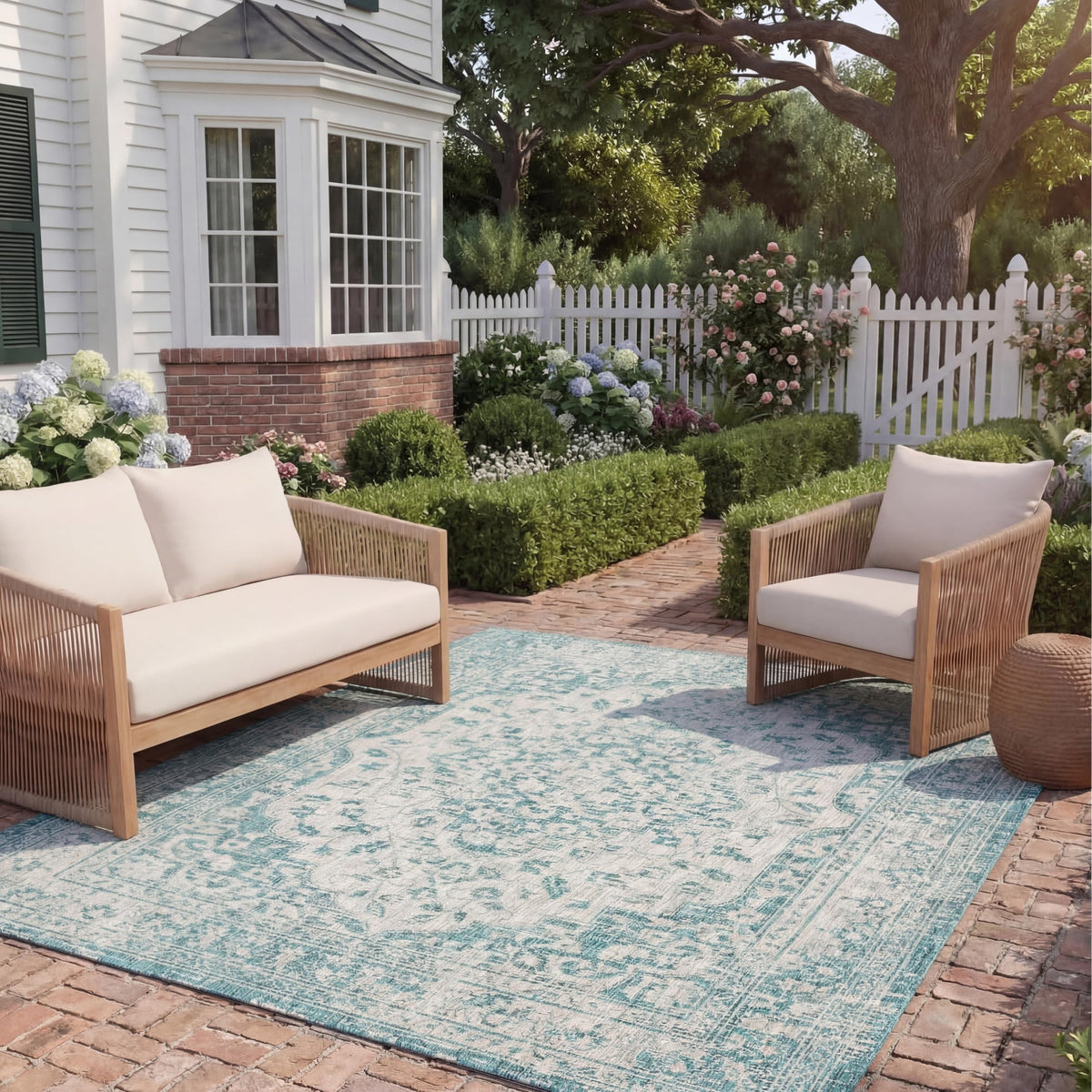 SAFAVIEH Washable Rug Outdoor Courtyard Collection - 6'7" x 9'6", Grey & Blue, Non-Shedding & Easy Cleaning, Ideal for Patio, Backyard, Mudroom (CY8231-37212)