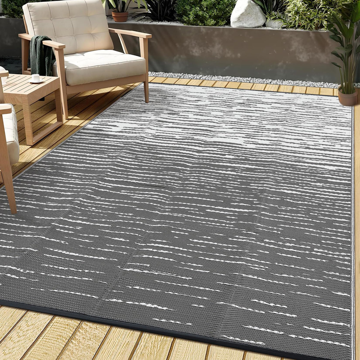 Garvee 5x8 Outdoor Rug Waterproof Modern Plastic Straw Rugs, Black Grey