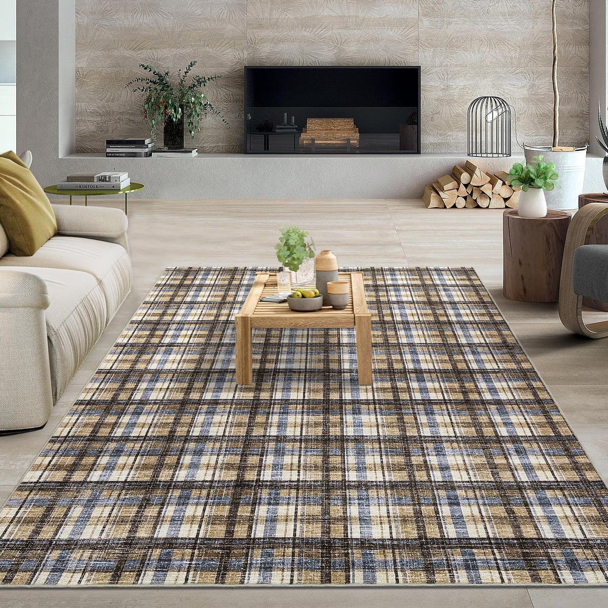 Modern Washable 8x10 Area Rug - Soft, Non-Slip, Stain Resistant, Farmhouse Tartan Plaid for Living Room, Bedroom, Nursery, Office - Beige