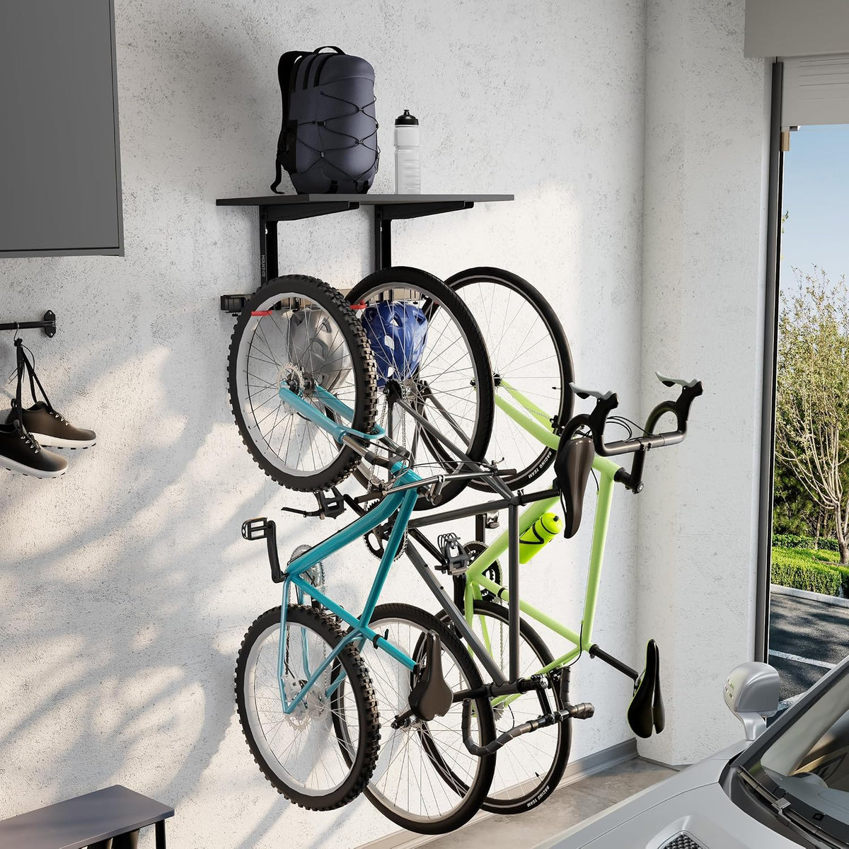 Mount-It! WheelsUp Bike Wall Mount with Shelf | Garage Storage Rack for 3 Bikes & Accessories | Adjustable Padded Hooks, Max Capacity 275 lbs | Ideal Bike Rack Garage Wall Mount for Organized Spaces