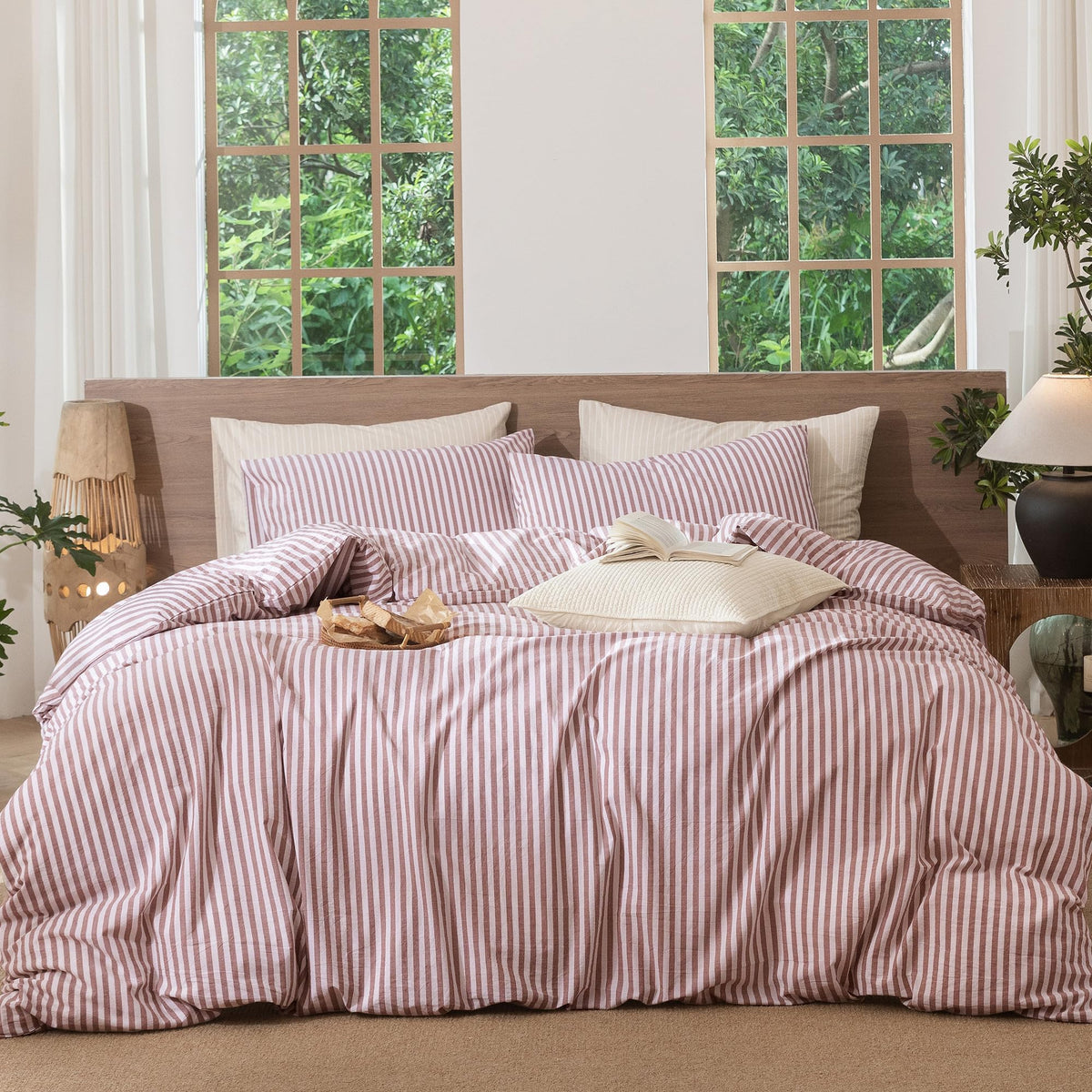 MooMee Striped Duvet Cover Set 100% Washed Cotton Linen Like Queen