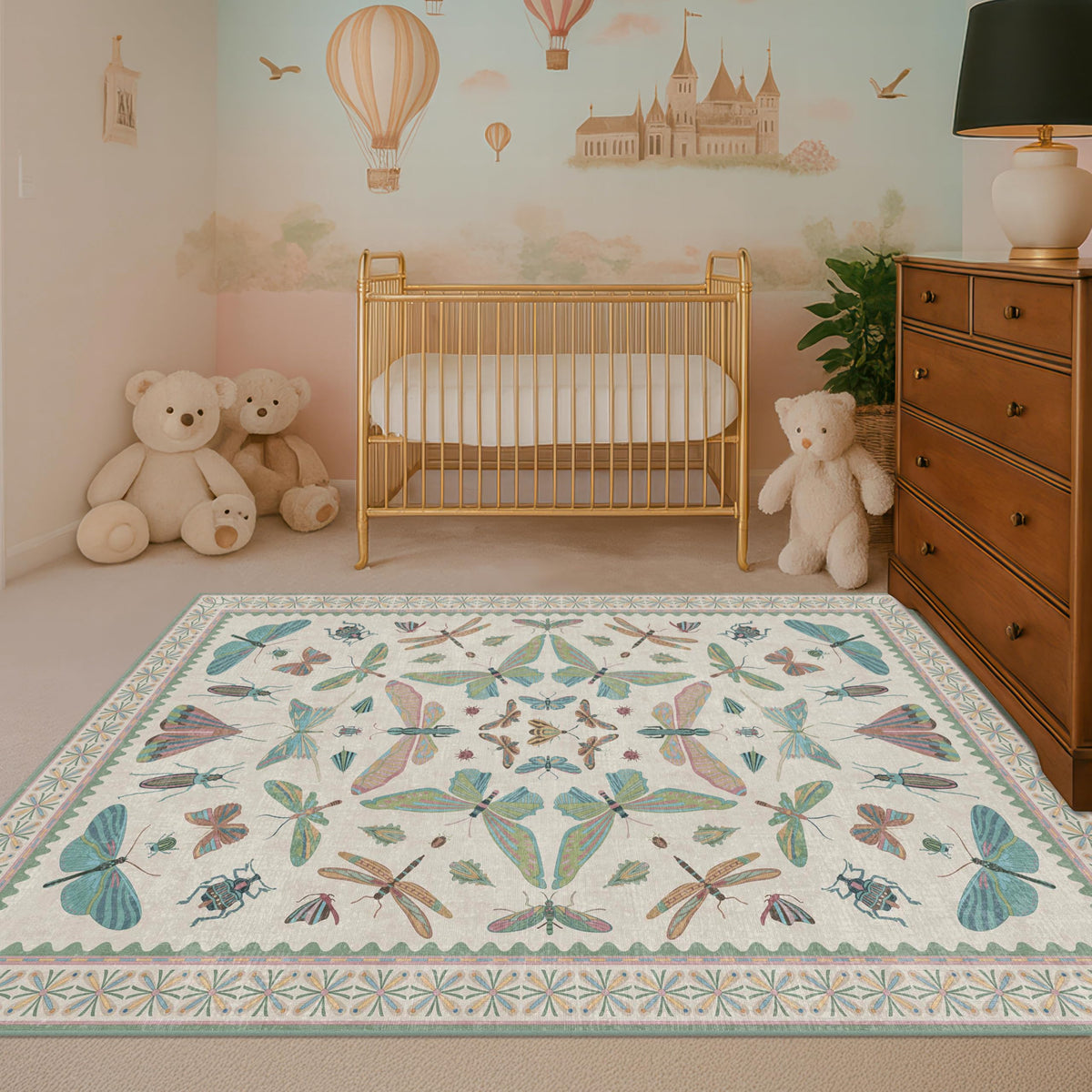 Hazo Haus Dark Green Insect Area Rugs 8x10 for Living Room, Dining Room Under Table, Bedroom, Unique Washable Floral Non Slip Low Pile Soft Rug