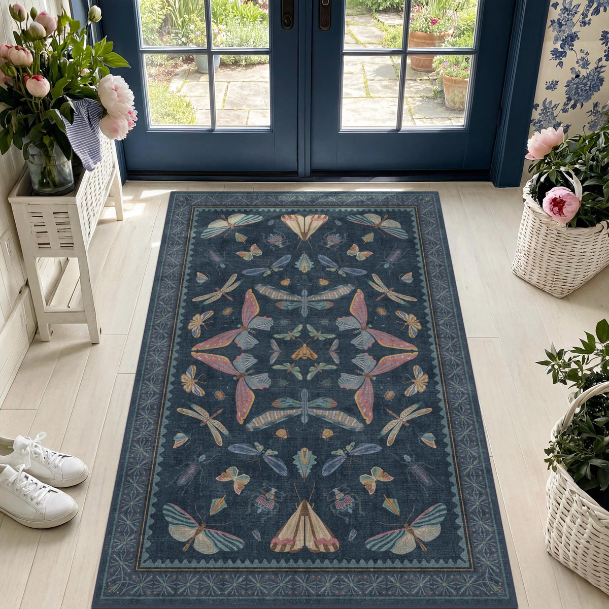 Hazo Haus Dark Green Insect Area Rugs 8x10 for Living Room, Dining Room Under Table, Bedroom, Unique Washable Floral Non Slip Low Pile Soft Rug