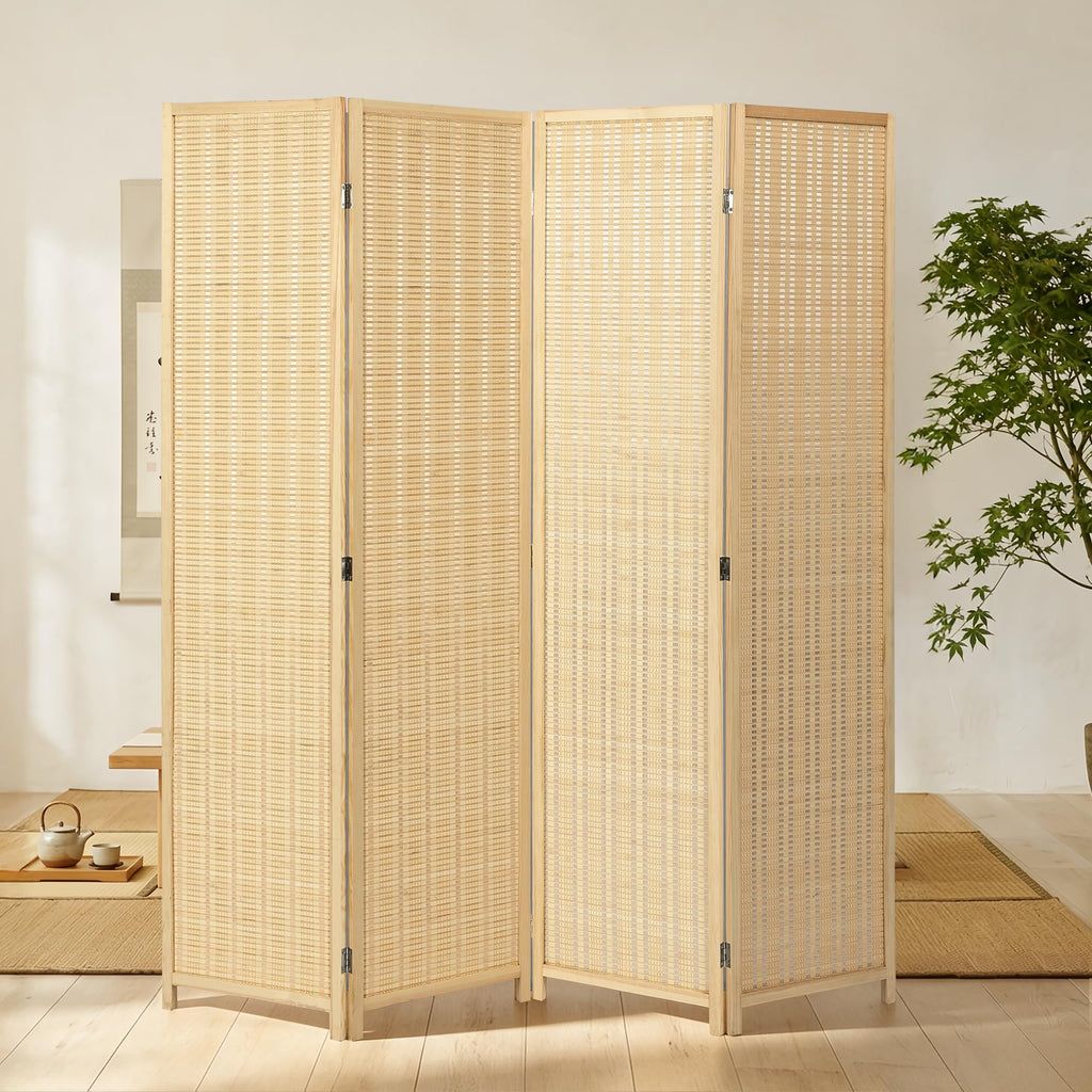 4 Panel Bamboo Room Divider, Folding Privacy Screen, Natural