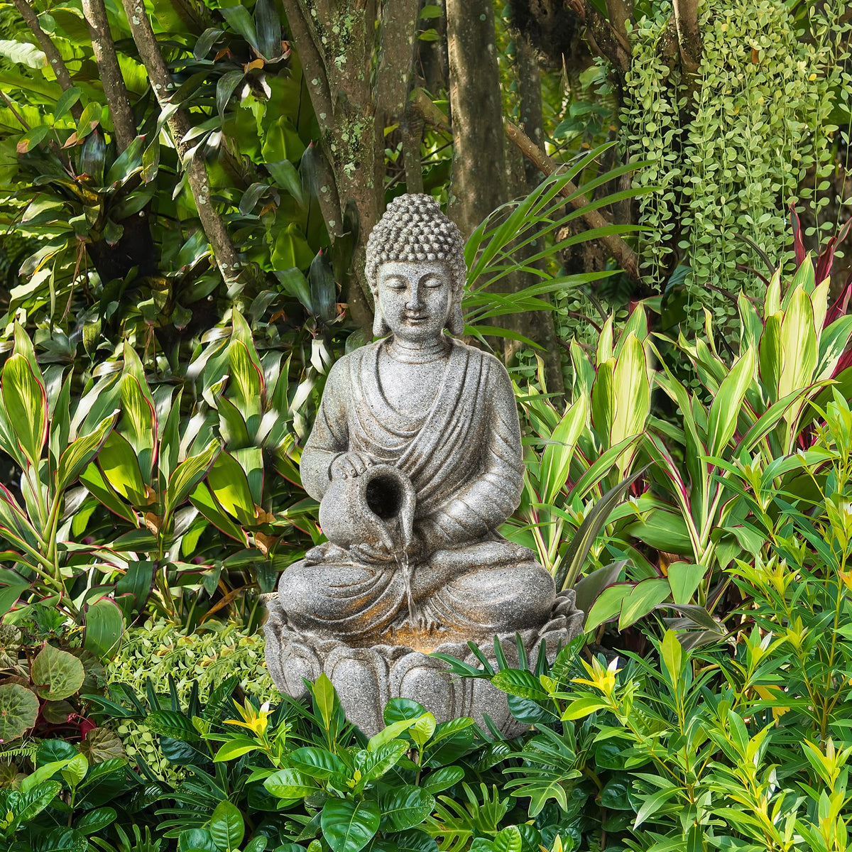 Glitzhome Buddha Statue 28" H, Outdoor Large Statue Zen Style Buddha Fountian with LED Light & Pump Polyresin Outdoor Floor Freestanding Fountain Garden Buddha Sculptures & Statues Lawn Décor