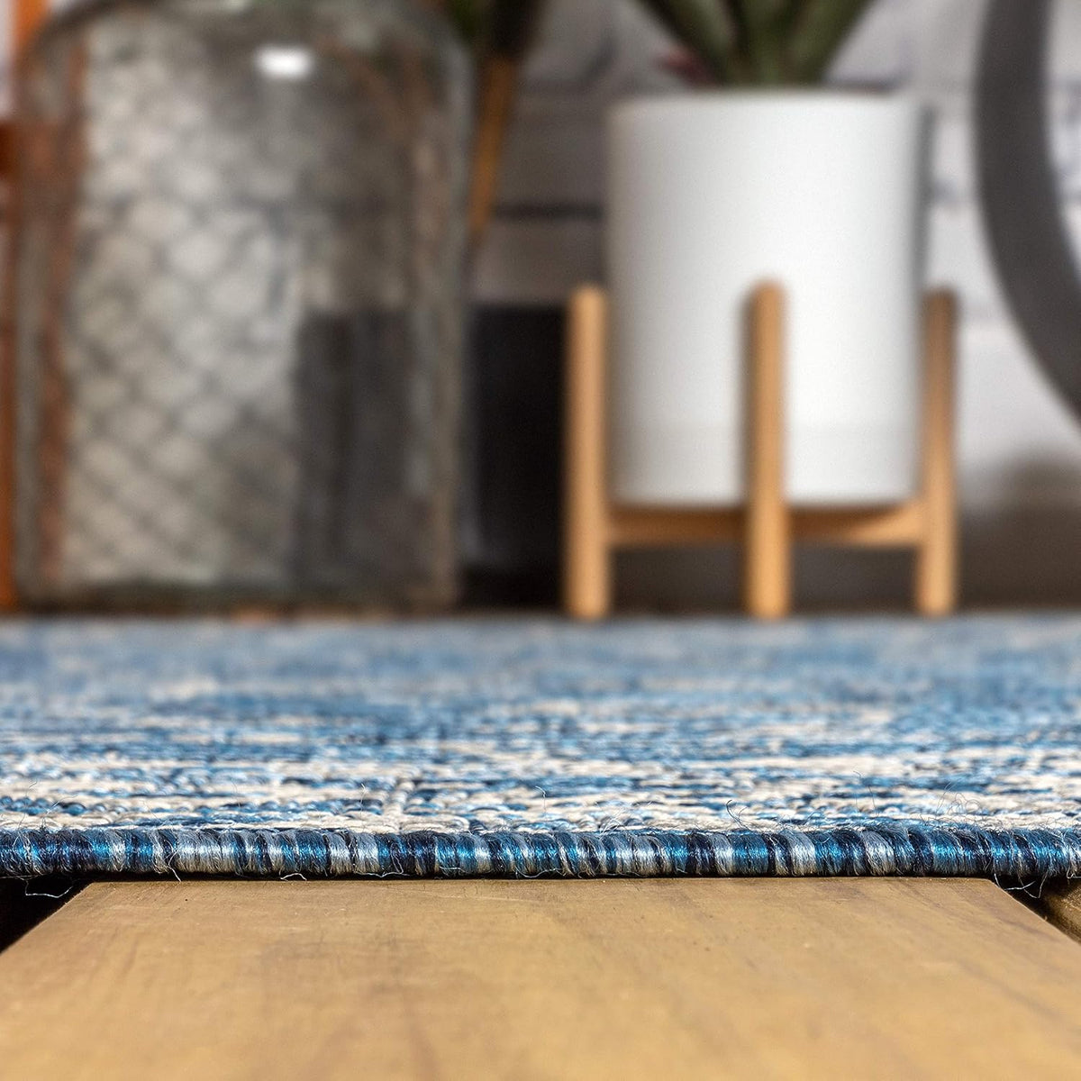 Eyely Vine and Border Octagon Area Rug 8 Ft Navy/Gray, Indoor Outdoor Rug
