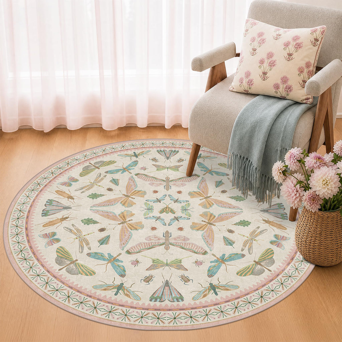 Hazo Haus Dark Green Insect Area Rugs 8x10 for Living Room, Dining Room Under Table, Bedroom, Unique Washable Floral Non Slip Low Pile Soft Rug