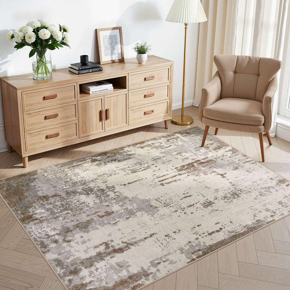 UERMEI 9x12 Area Rug Living Room Rugs - Washable Neutral Modern Abstract Soft Thin Large Rug Indoor Floor No Slip Rug Carpet for Bedroom Under Dining Table Home Office Decor - Brown Grey