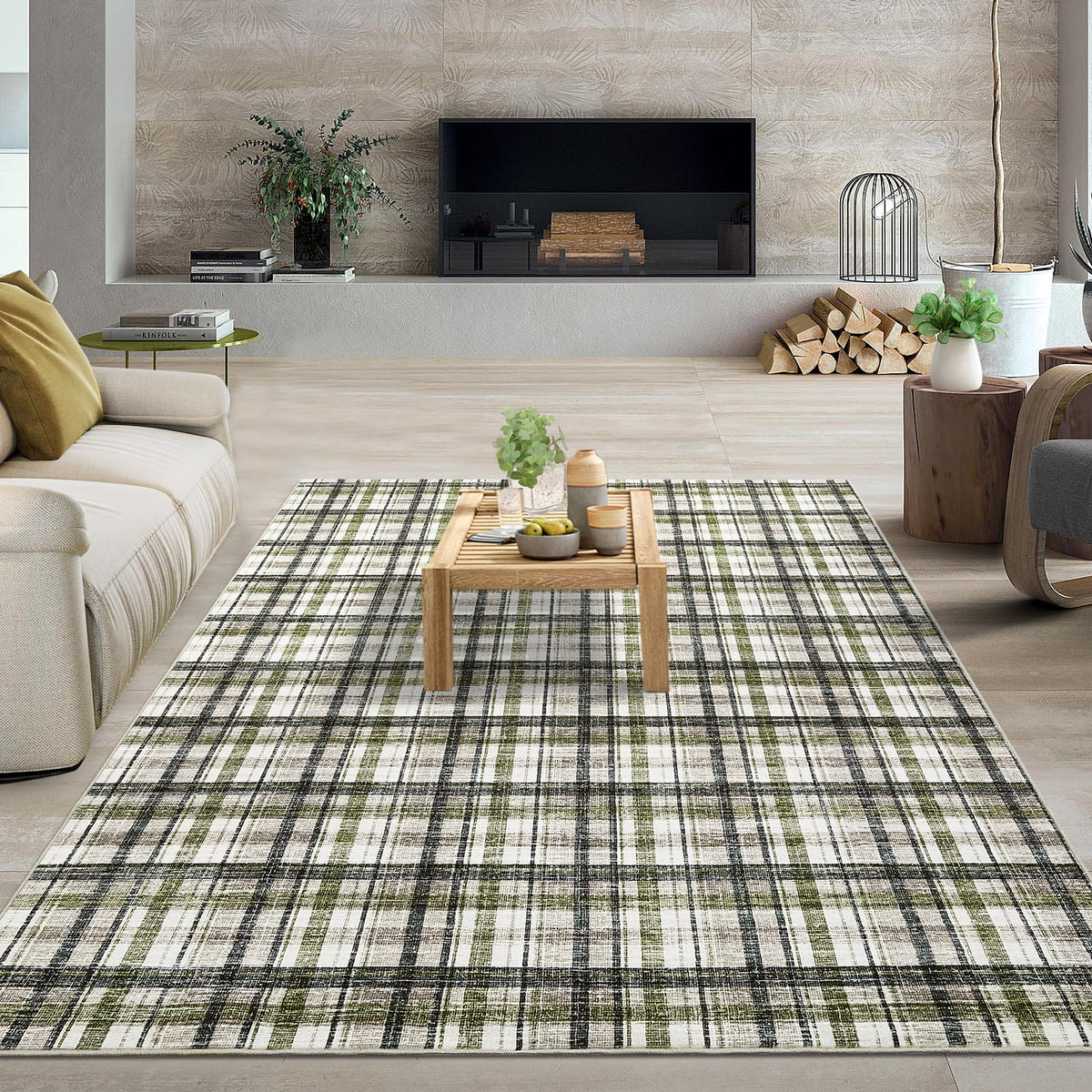 Modern Washable 8x10 Area Rug - Soft, Non-Slip, Stain Resistant, Farmhouse Tartan Plaid for Living Room, Bedroom, Nursery, Office - Beige