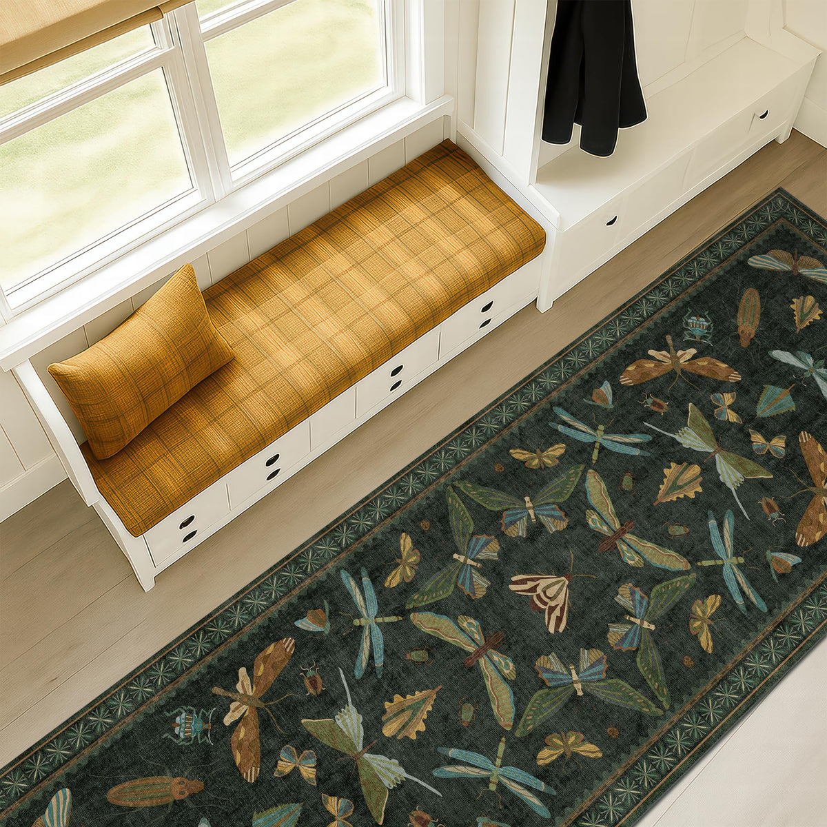 Hazo Haus Dark Green Insect Area Rugs 8x10 for Living Room, Dining Room Under Table, Bedroom, Unique Washable Floral Non Slip Low Pile Soft Rug