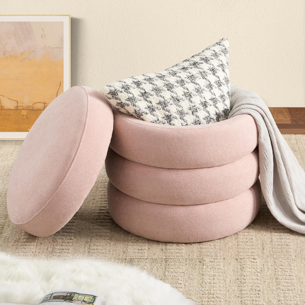 Busaurus Storage Ottoman Bench 49.2 Inch Upholstered Fabric Storage Bench for Bedroom End of Bed Aesthetic Large Oval Ottoman for Living Room Entryway (Ivory)