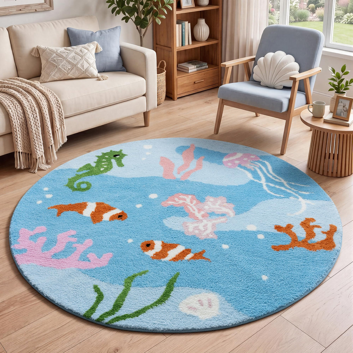 YIHOUSE 4ft Moss Round Area Rug 3D Cute Green Grass Rugs for Bedroom Machine Washable Non-Slip Boho Circle Rug Soft Fluffy Carpet for Living Room Bathroom Nursery Room, Pond