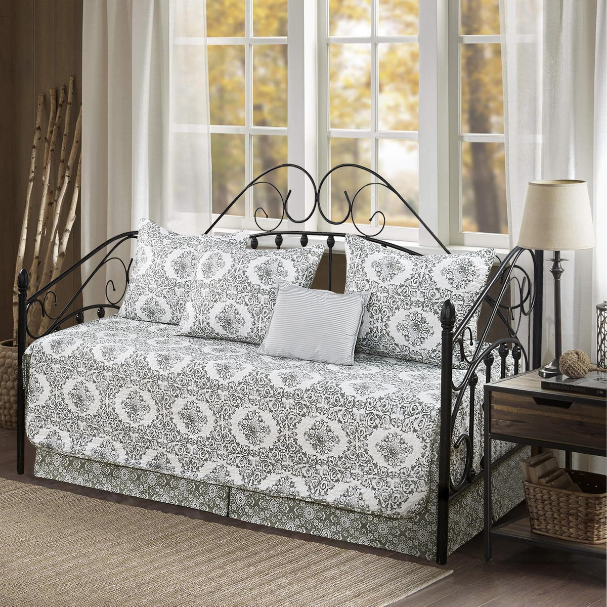5-Piece Quilted Microfiber Daybed Cover Set with Floral Embroidery, All Season Luxurious Bedding with Matching Shams and Bed Skirt, 75"x39", Pink Flower
