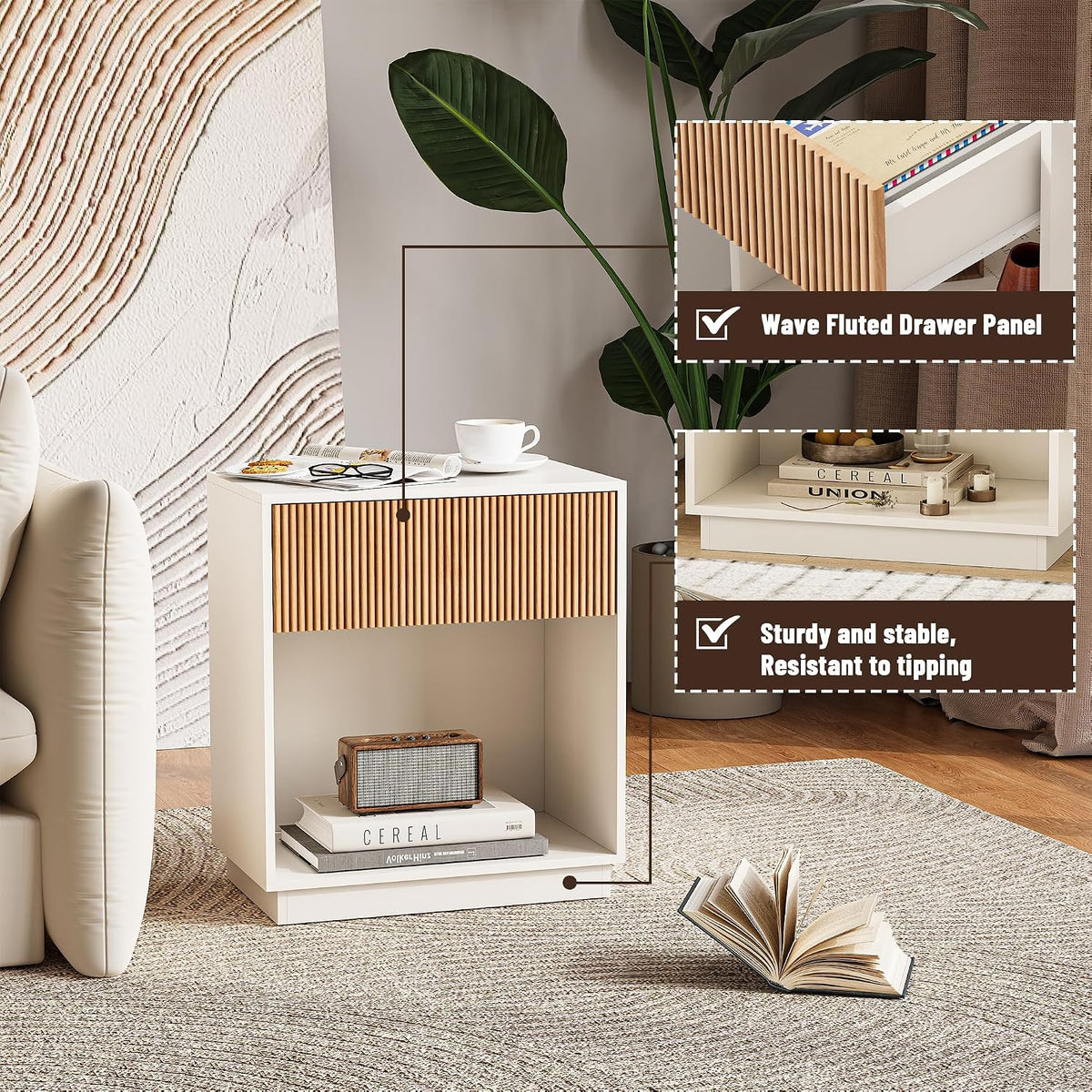 Fluted Nightstands Set of 2, Modern Bedside Table with Drawer and Storage Shelf, Wood End Table Mid Century Night Stands for Bedroom Living Room Sofa Couch Office (White+Oak)