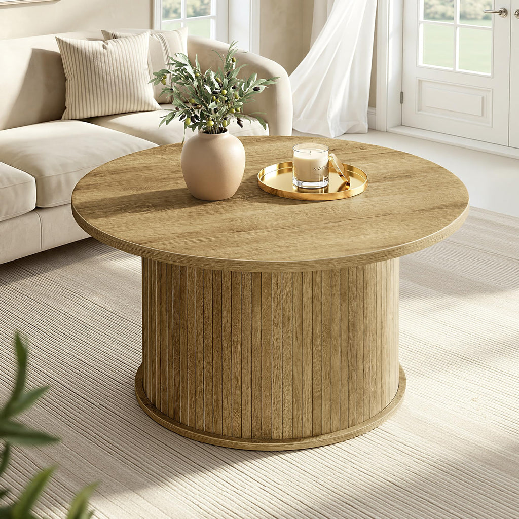 VASAGLE Round Coffee Table, Lift Top Coffee Table with Tambour Sliding Door