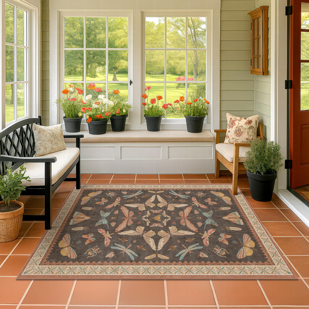 Hazo Haus Dark Green Insect Area Rugs 8x10 for Living Room, Dining Room Under Table, Bedroom, Unique Washable Floral Non Slip Low Pile Soft Rug