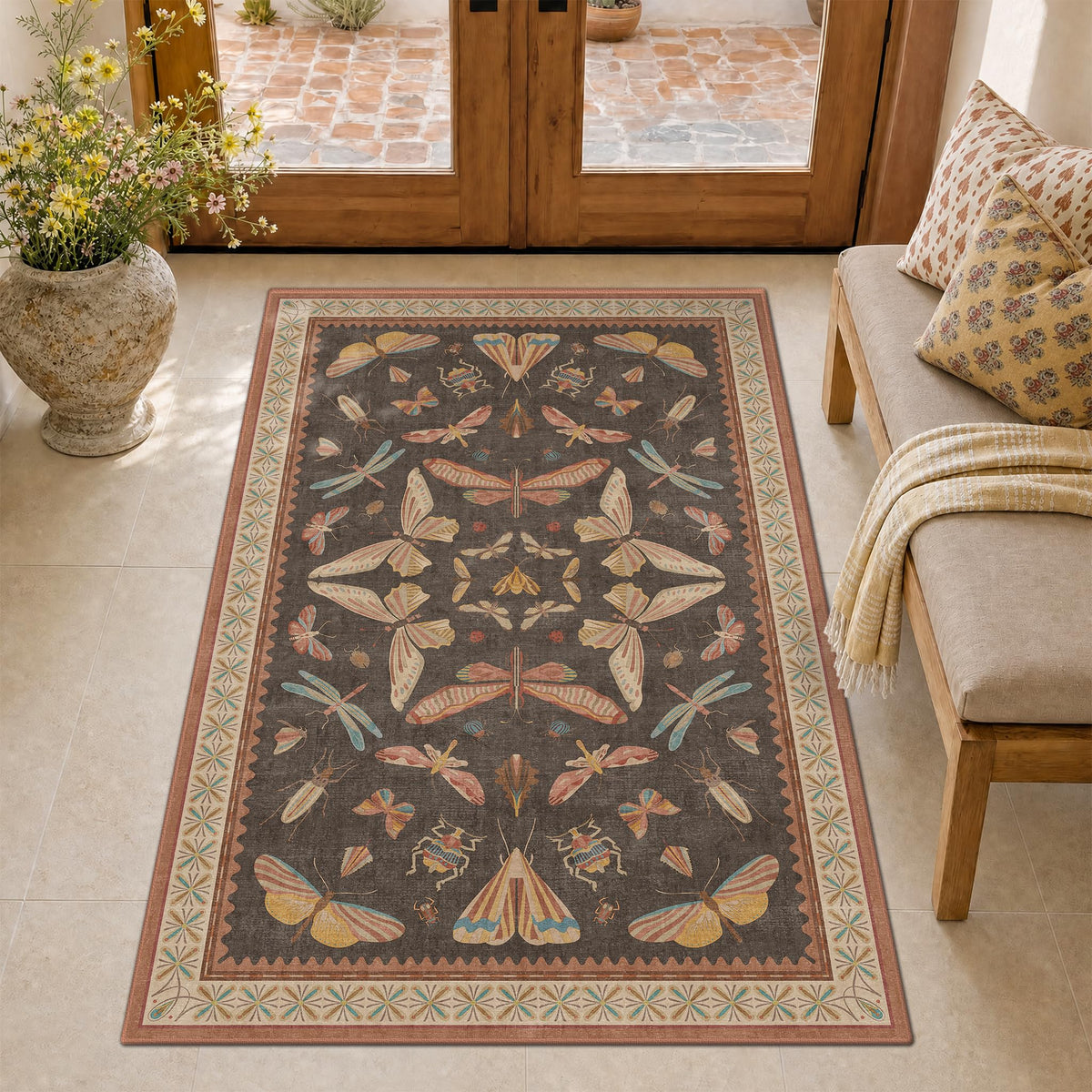 Hazo Haus Dark Green Insect Area Rugs 8x10 for Living Room, Dining Room Under Table, Bedroom, Unique Washable Floral Non Slip Low Pile Soft Rug