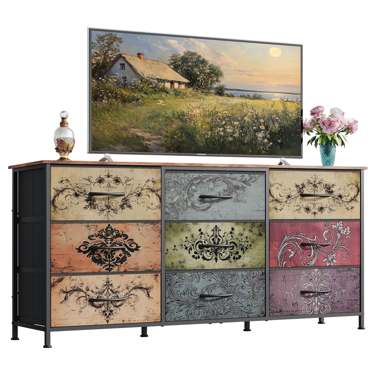 WLIVE Dresser TV Stand for 55 Inch TV, 9 Drawer Dresser for Bedroom, Black