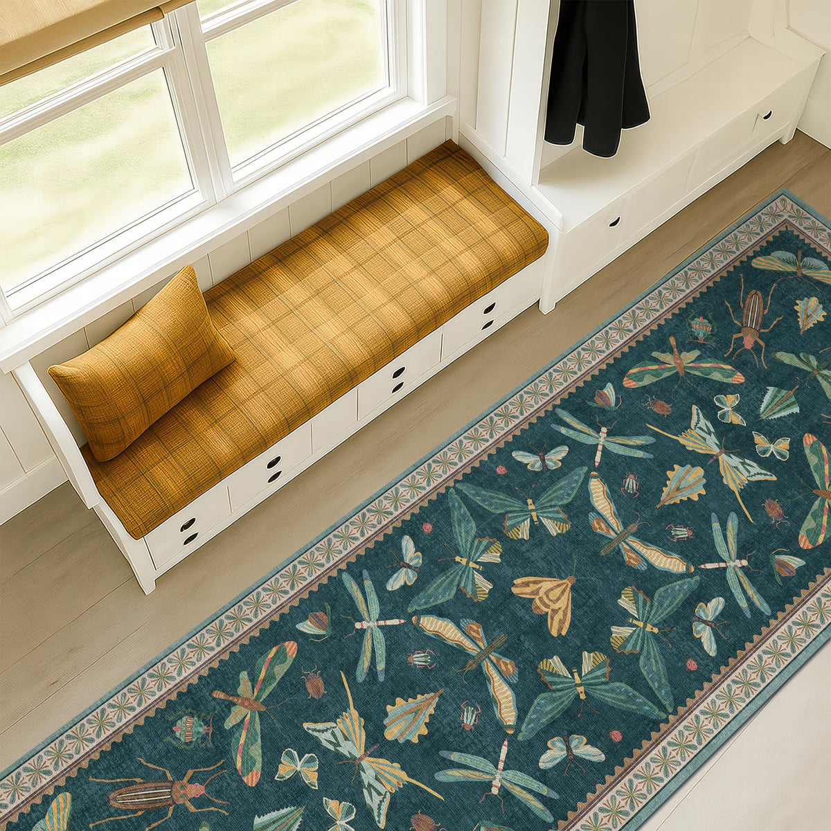 Hazo Haus Dark Green Insect Area Rugs 8x10 for Living Room, Dining Room Under Table, Bedroom, Unique Washable Floral Non Slip Low Pile Soft Rug