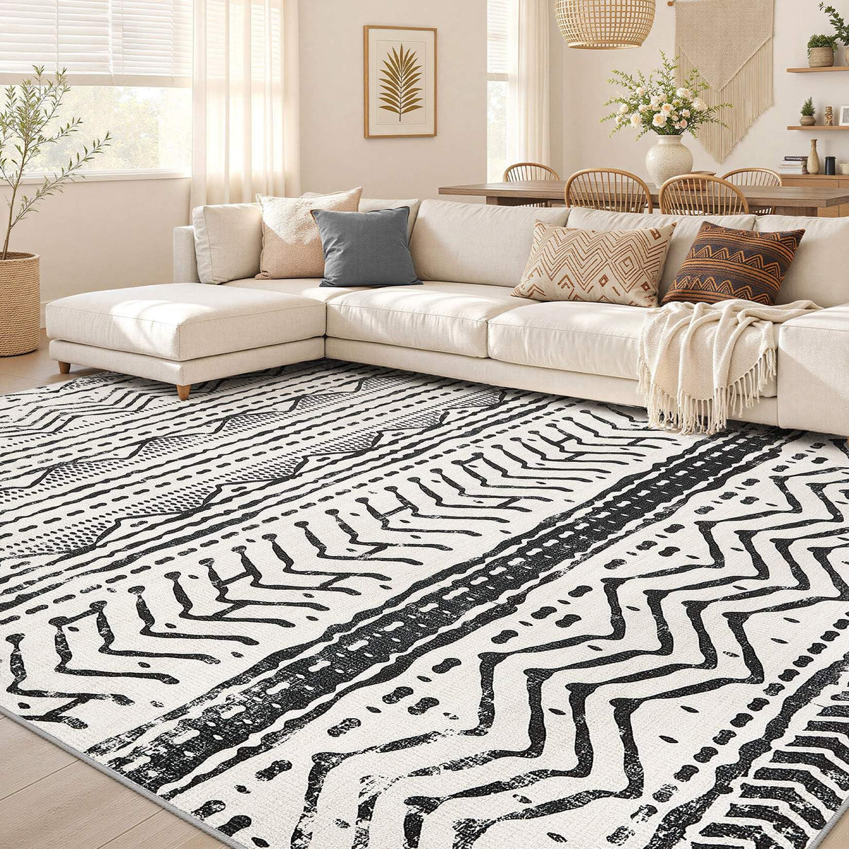 Nakagishi Boho 8x10 Area Rug Living Room Rugs Machine Washable Beige