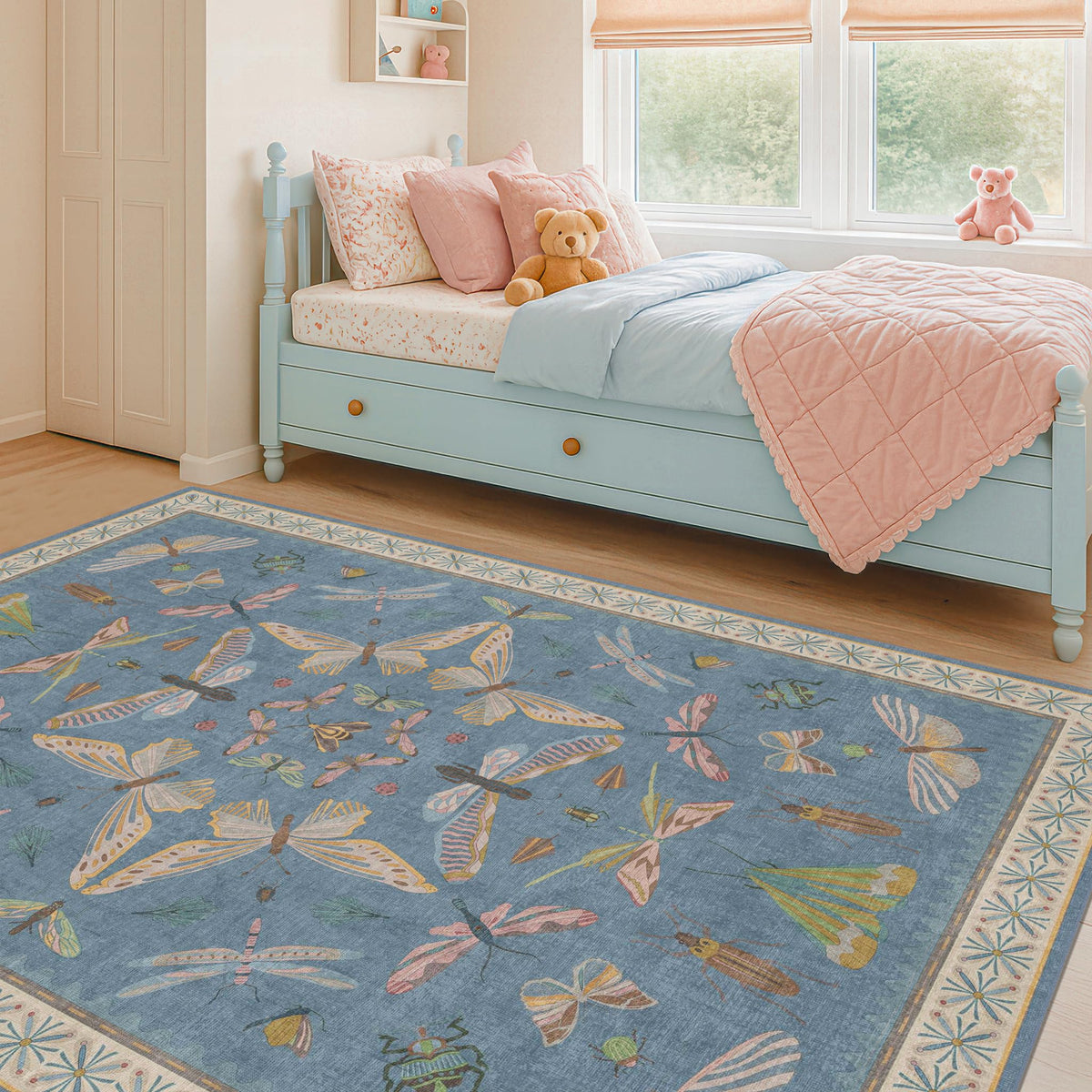 Hazo Haus Dark Green Insect Area Rugs 8x10 for Living Room, Dining Room Under Table, Bedroom, Unique Washable Floral Non Slip Low Pile Soft Rug