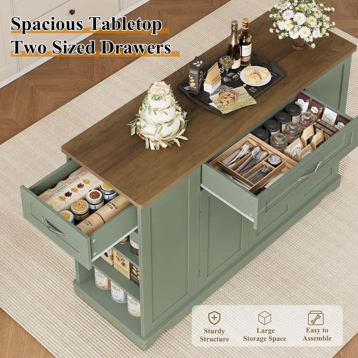 HOSTACK 47" W Kitchen Island Cart with Storage, Rolling Island Table, Green