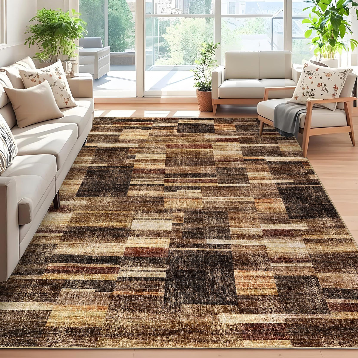 Modern Washable 8x10 Area Rug - Soft, Non-Slip, Stain Resistant, Farmhouse Tartan Plaid for Living Room, Bedroom, Nursery, Office - Beige