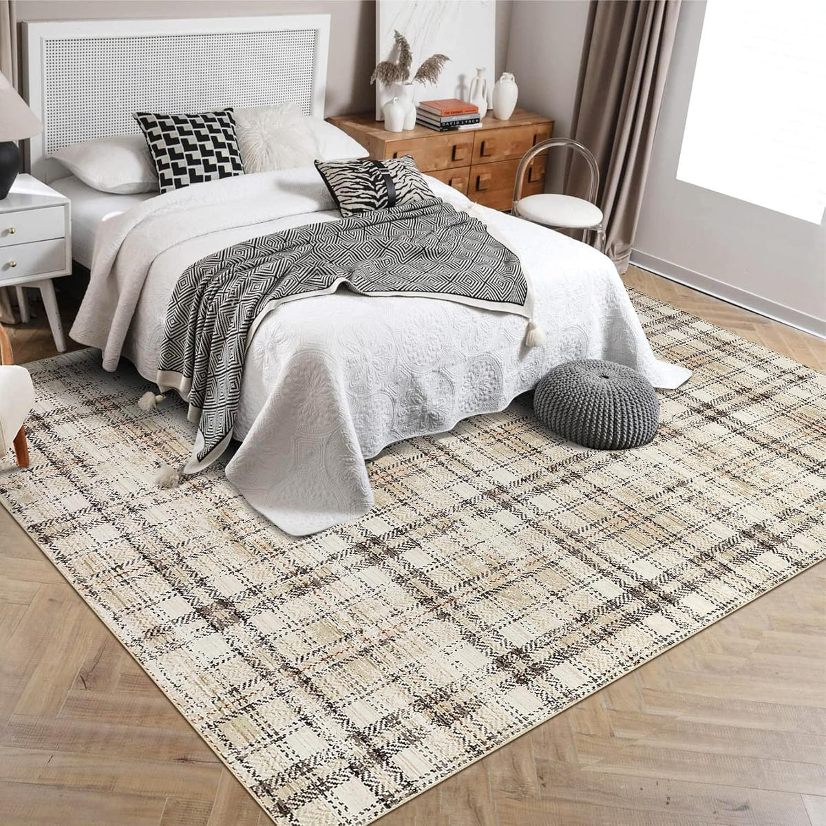 Modern Washable 8x10 Area Rug - Soft, Non-Slip, Stain Resistant, Farmhouse Tartan Plaid for Living Room, Bedroom, Nursery, Office - Beige