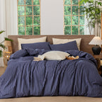 MooMee Striped Duvet Cover Set 100% Washed Cotton Linen Like Queen