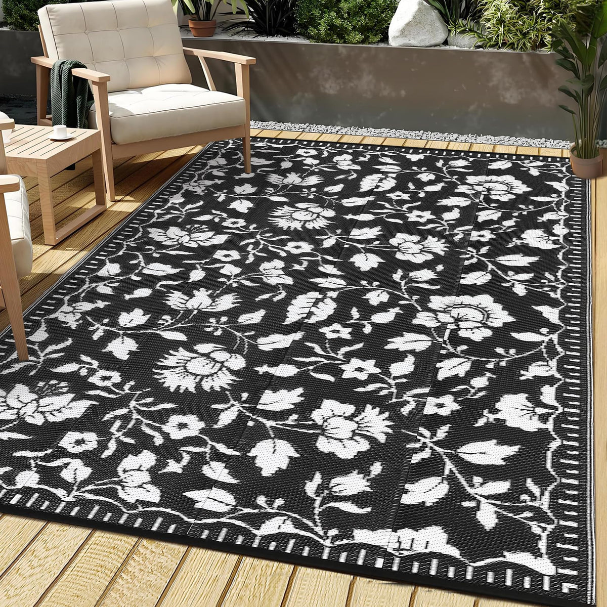 Garvee 5x8 Outdoor Rug Waterproof Modern Plastic Straw Rugs, Black Grey
