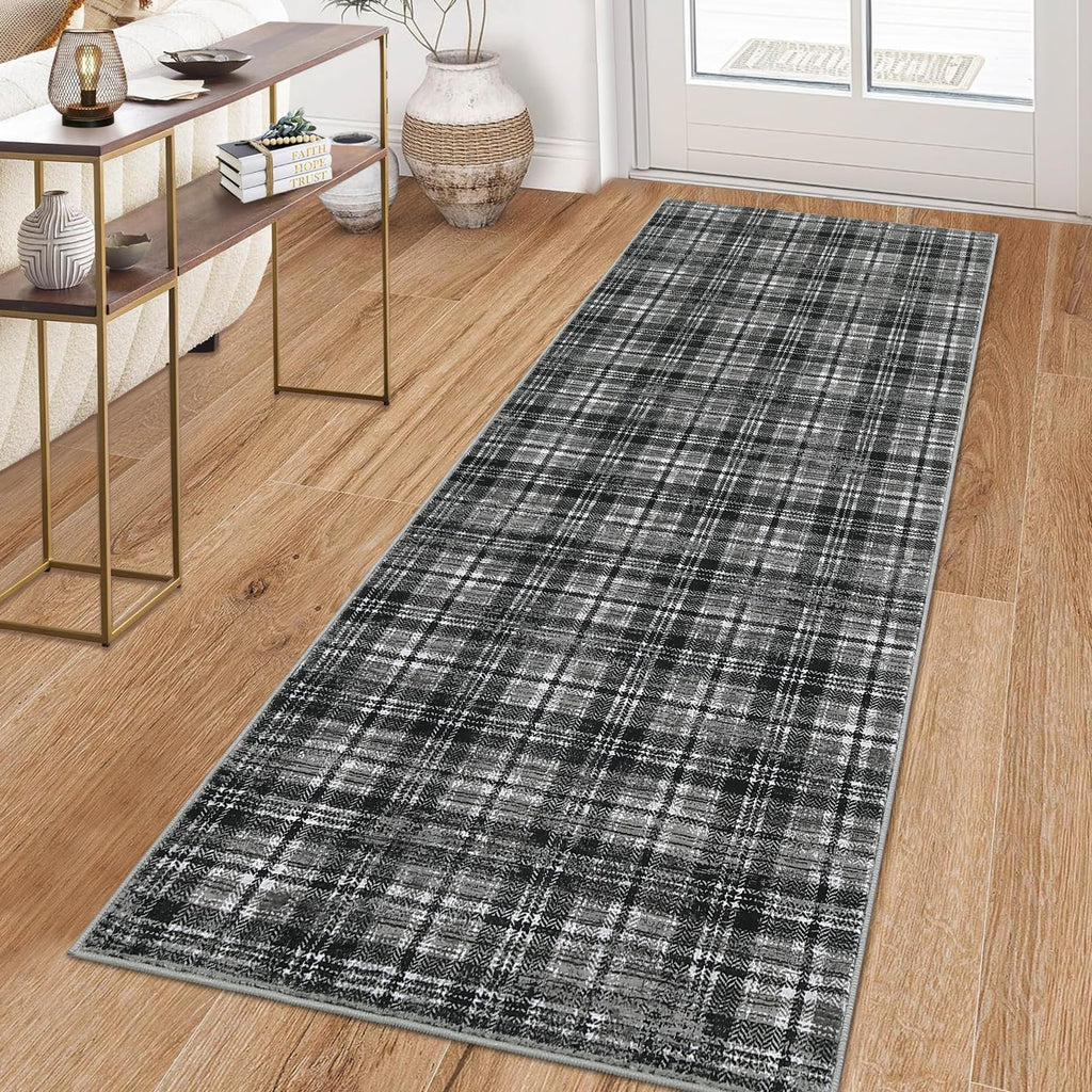 Modern Washable 8x10 Area Rug - Soft, Non-Slip, Stain Resistant, Farmhouse Tartan Plaid for Living Room, Bedroom, Nursery, Office - Beige