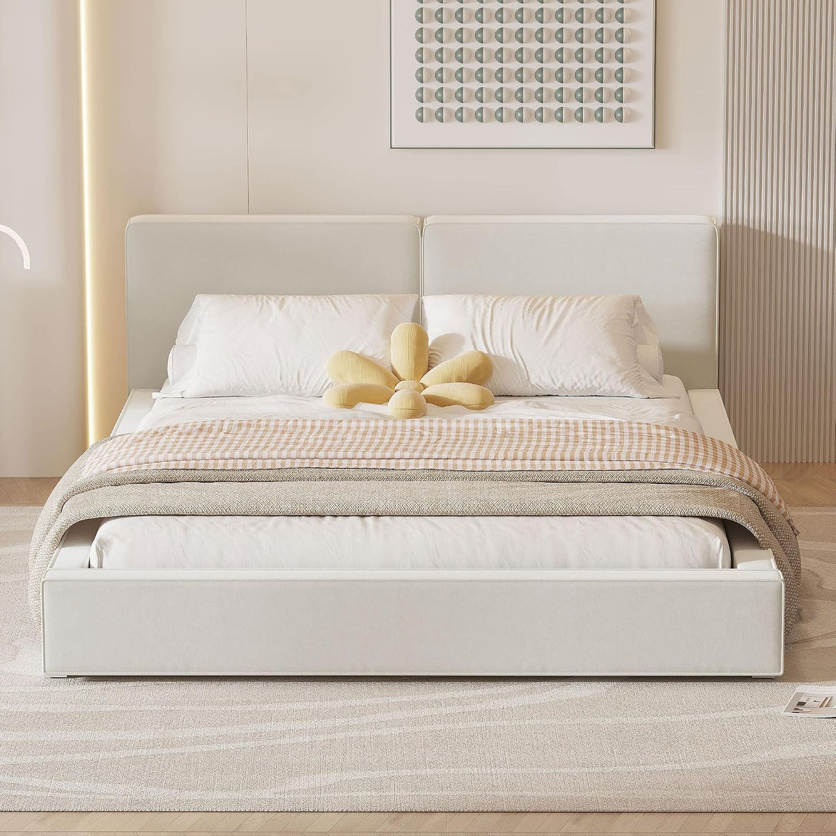 Grounded Bed Upholstered Platform Bed with Unique Design Thick Fabric Headboard, Wood Platform Bed Frame for Kids Adults Bedroom Furniture, Upholstered Floor Bed (Beige-11, Queen)