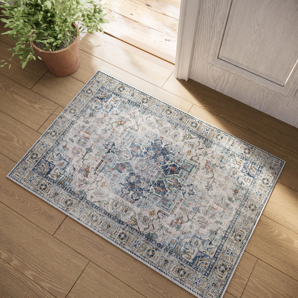 Washable Area Rugs for Living Room: 9x12 Bedroom Rug Boho Vintage Area Rug Stain Resistant Non Slip Low Pile Lightweight Soft Carpets for Dining Room Kitchen Nursery Kids Room Playroom Home Office