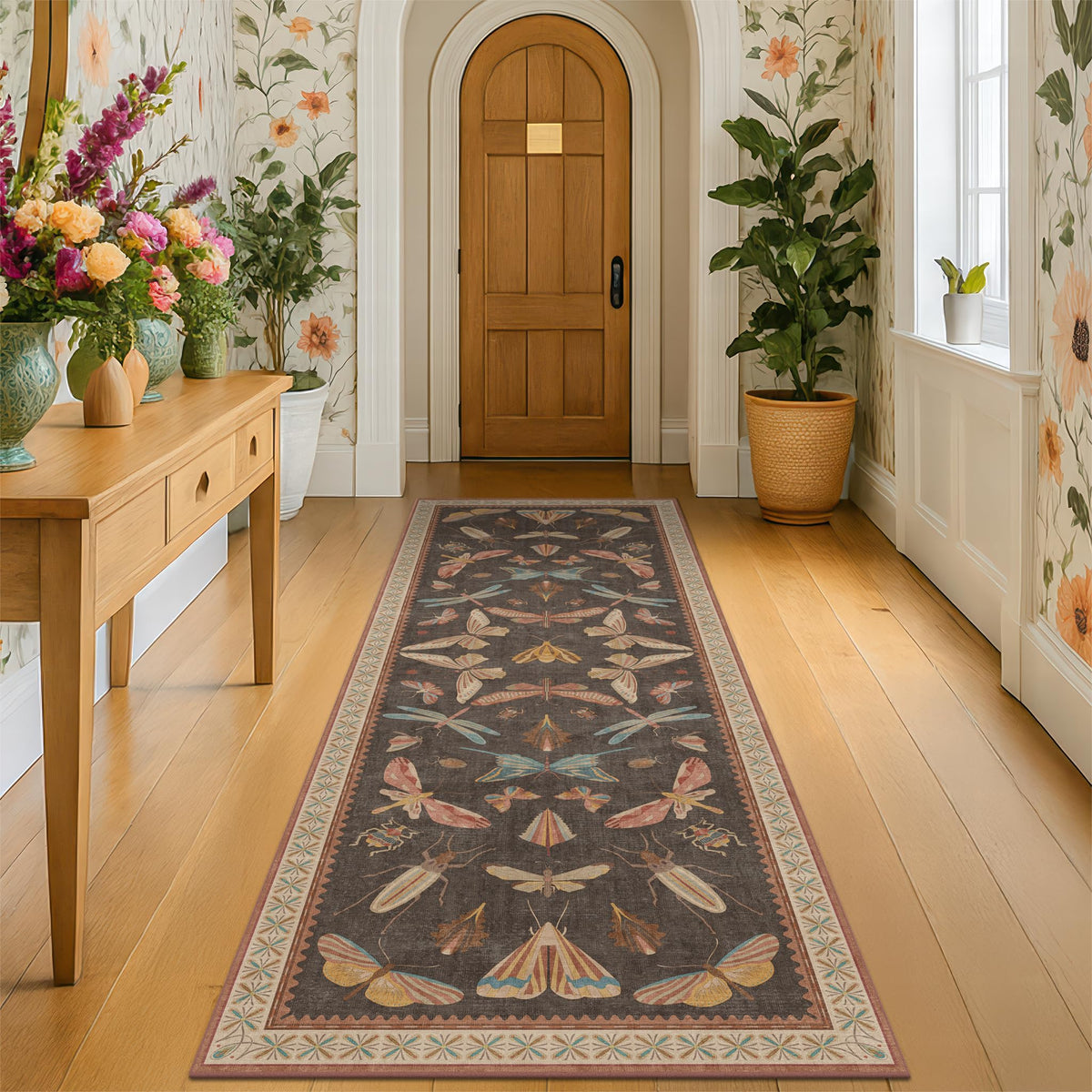 Hazo Haus Dark Green Insect Area Rugs 8x10 for Living Room, Dining Room Under Table, Bedroom, Unique Washable Floral Non Slip Low Pile Soft Rug
