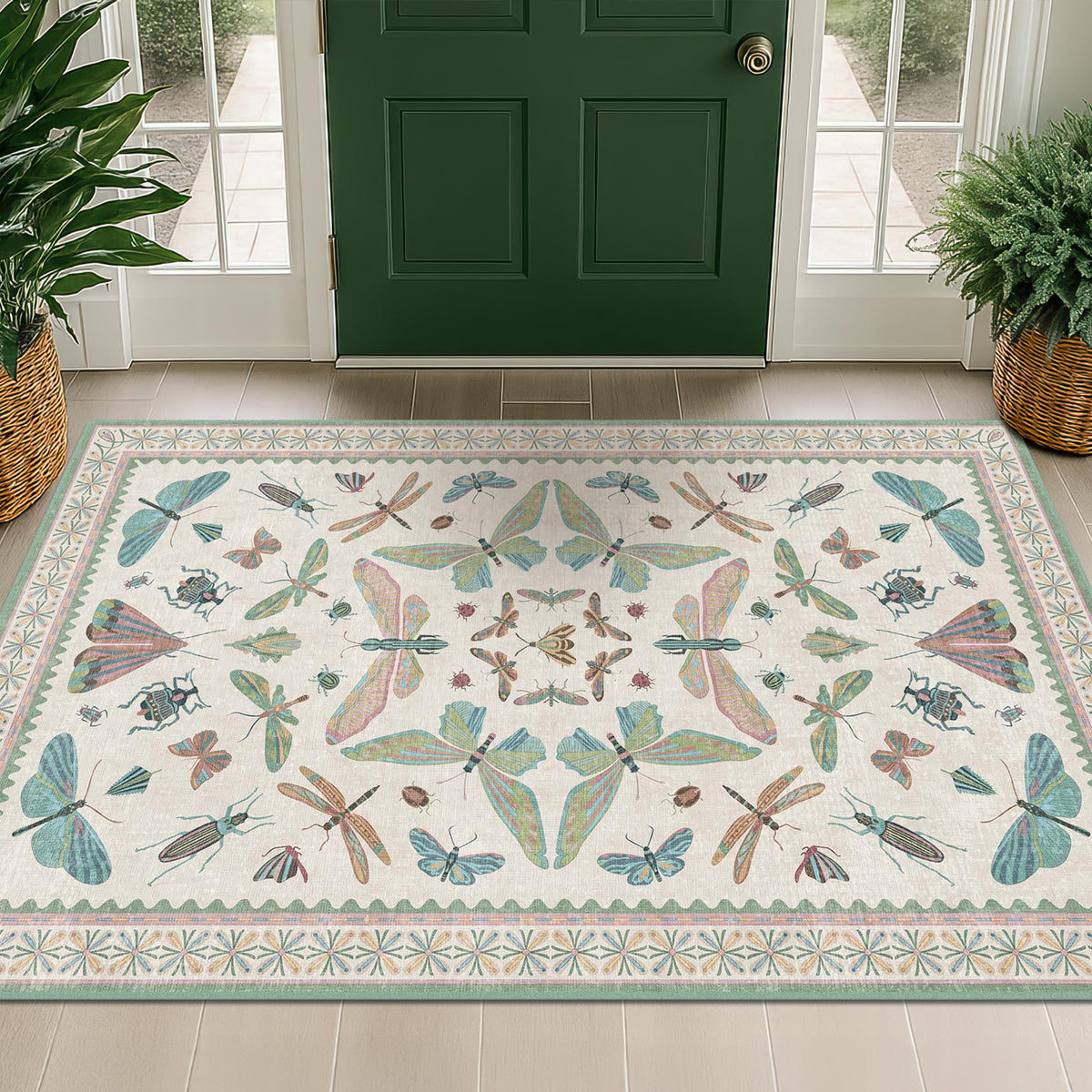 Hazo Haus Dark Green Insect Area Rugs 8x10 for Living Room, Dining Room Under Table, Bedroom, Unique Washable Floral Non Slip Low Pile Soft Rug