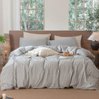 MooMee Striped Duvet Cover Set 100% Washed Cotton Linen Like Queen