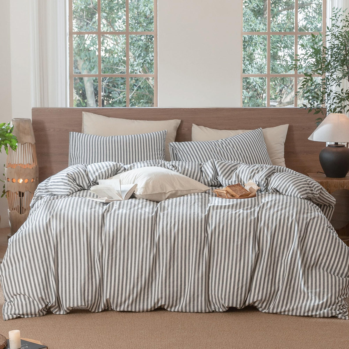 MooMee Striped Duvet Cover Set 100% Washed Cotton Linen Like Queen