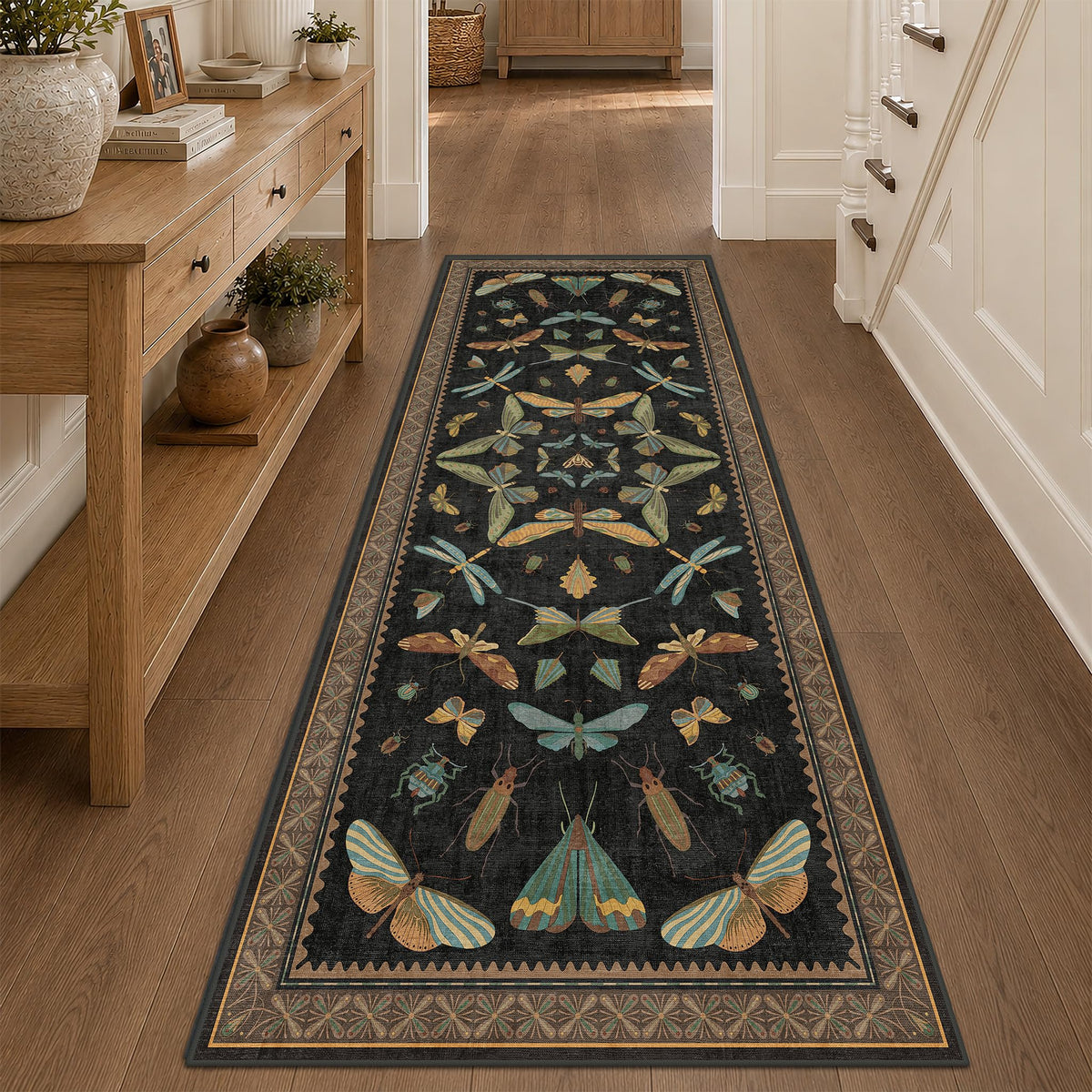 Hazo Haus Dark Green Insect Area Rugs 8x10 for Living Room, Dining Room Under Table, Bedroom, Unique Washable Floral Non Slip Low Pile Soft Rug