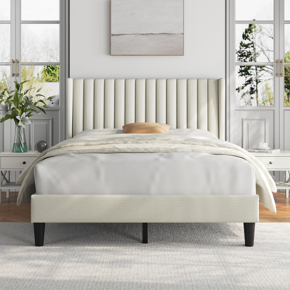 Yaheetech Queen Bed Frame with Headboard, Ivory Channel-Tufted Platform