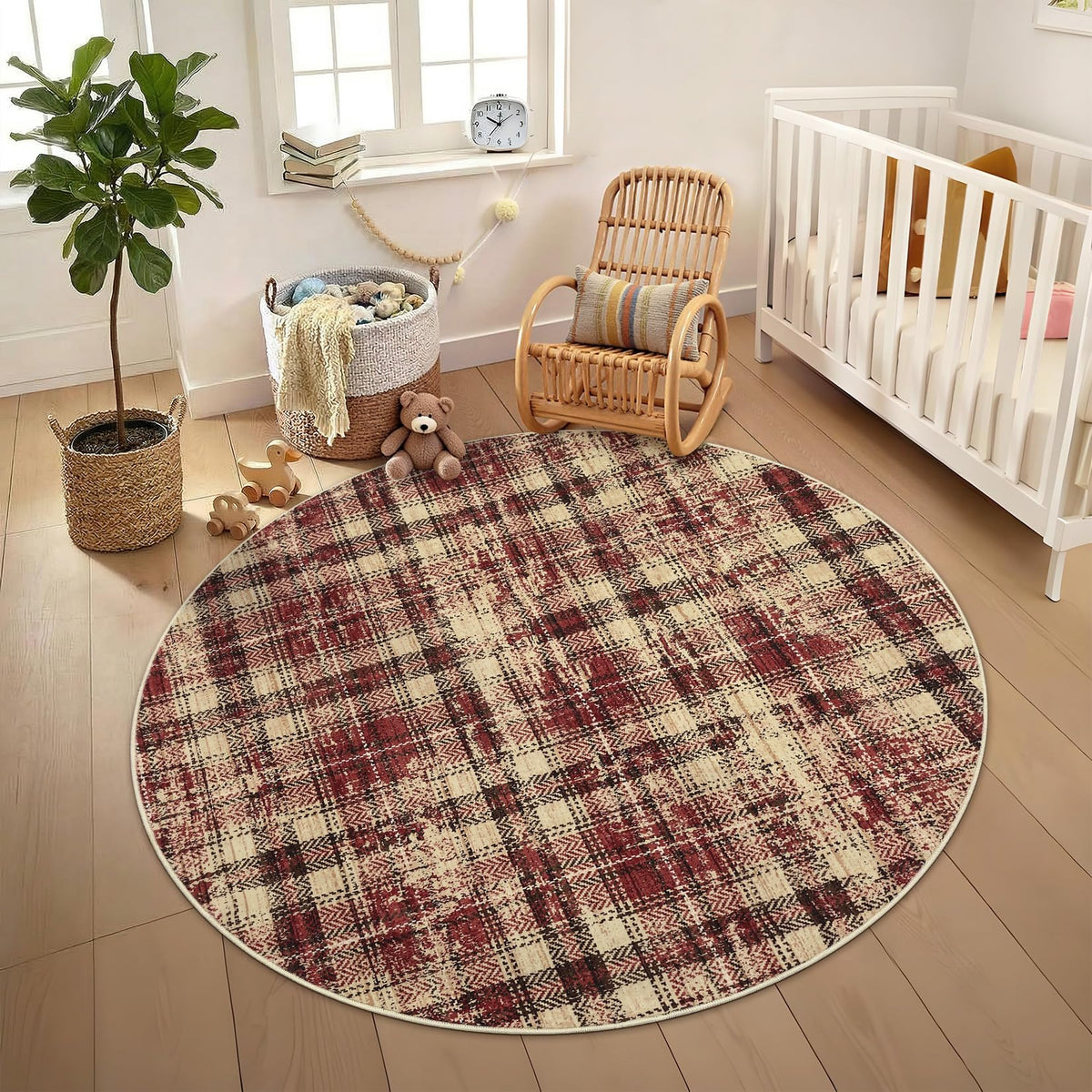 Modern Washable 8x10 Area Rug - Soft, Non-Slip, Stain Resistant, Farmhouse Tartan Plaid for Living Room, Bedroom, Nursery, Office - Beige