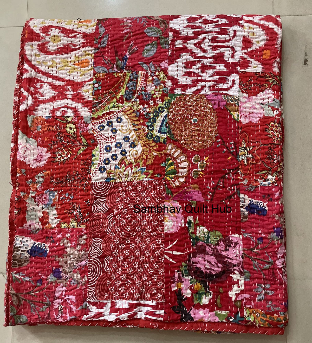 Traditional Handblock Print Multi Floral Assorted Cotton Patchwork Kantha Quilt Home Decorative Handmade Patch Quilted King Size Bohemian Bedding Throw Blanket Vintage Quilt (Yellow, 108X108 inches)