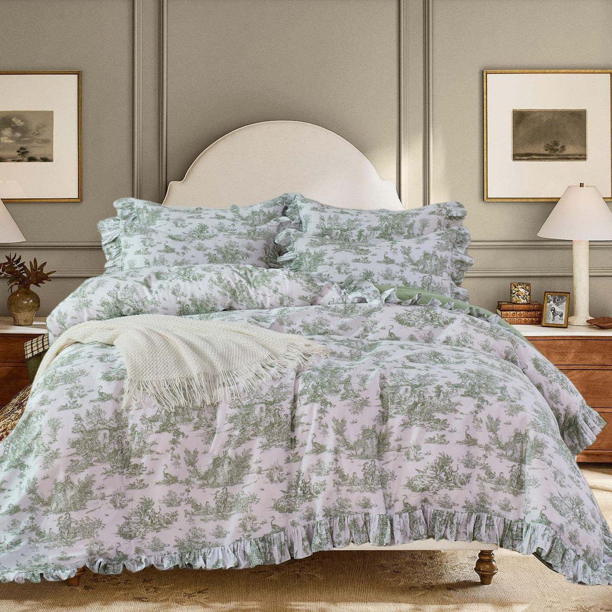 Brandream French Country Toile Queen Duvet Cover Set for Girl Women Bedroom Vintage Pink Toile Floral Print 100% Cotton Duvet Quilt Comforter Cover Pillow Shams Set with Delicate Ruffle Fringe